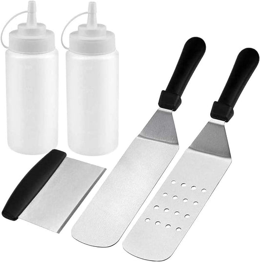 BBQ Griddle Accessories Kit with Heavy Duty Scraper Spatula Turner and Bottles (5pcs)